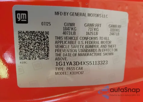 2025 Chevrolet Corvette Stingray Rwd 1Lt from USA, damaged, VIN 1G1YA3D4XS5113323